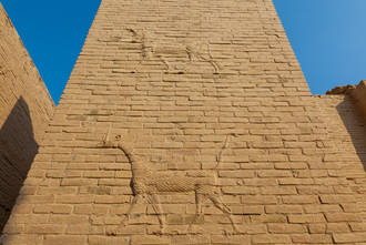 Teil des weltberühmten Ischtar Tores in Babylon mit originalen Abbildungen von Stieren und den Fabelwesen Mušḫuššu